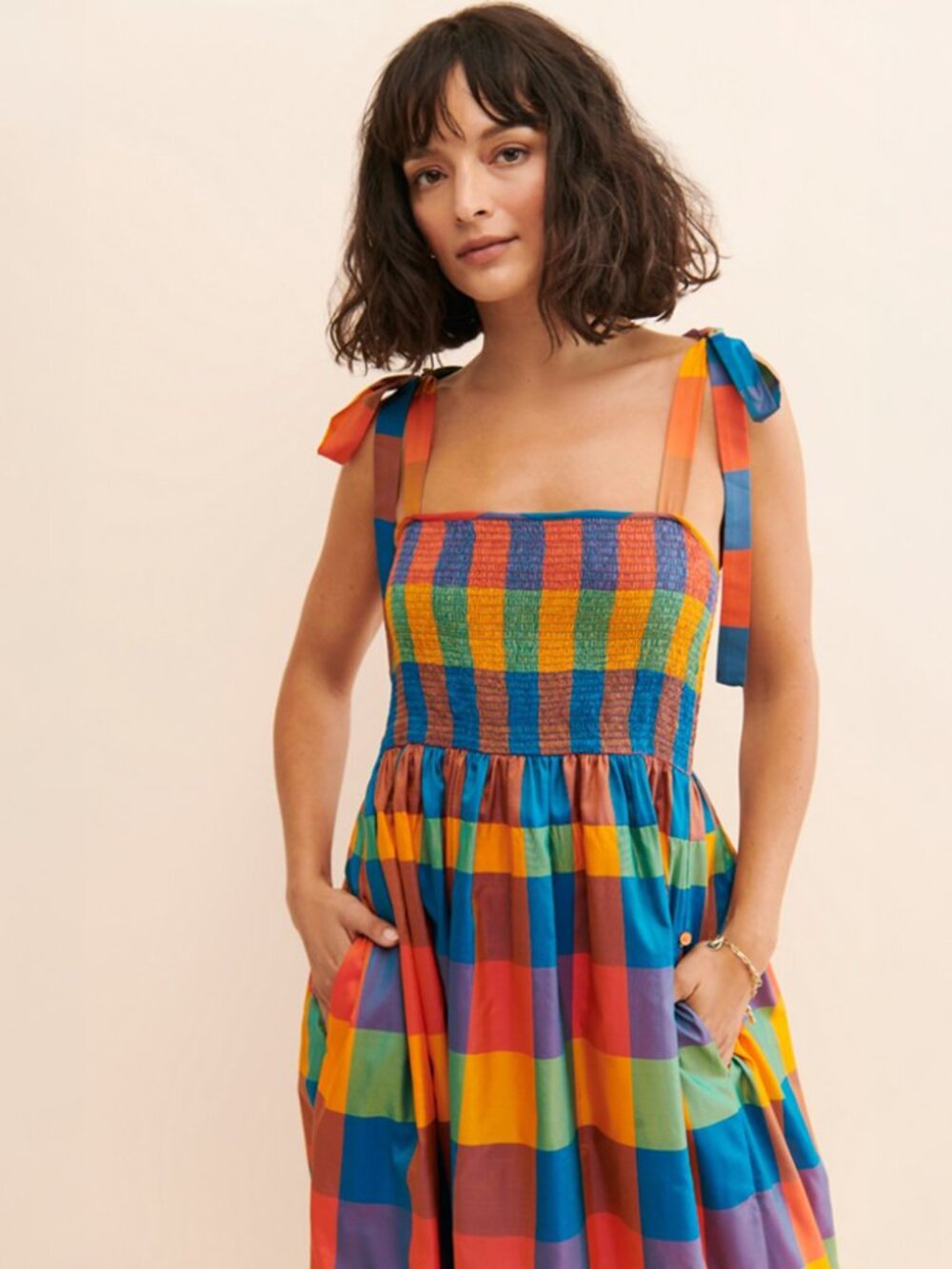 Payal Jain Smocked Bodice Check Maxi Dress — Multi-Colored / Large